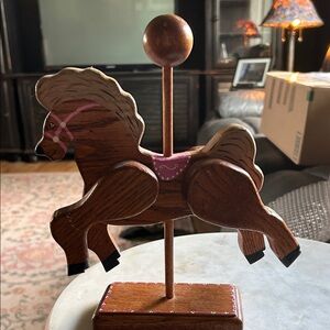 Elegant Wooden Horse Sculpture with Pink Accents